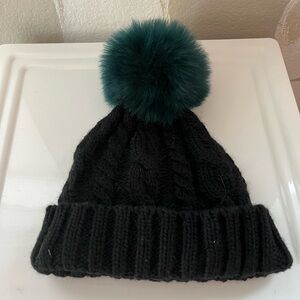 Black Knit Beanie with Green Pom Pom